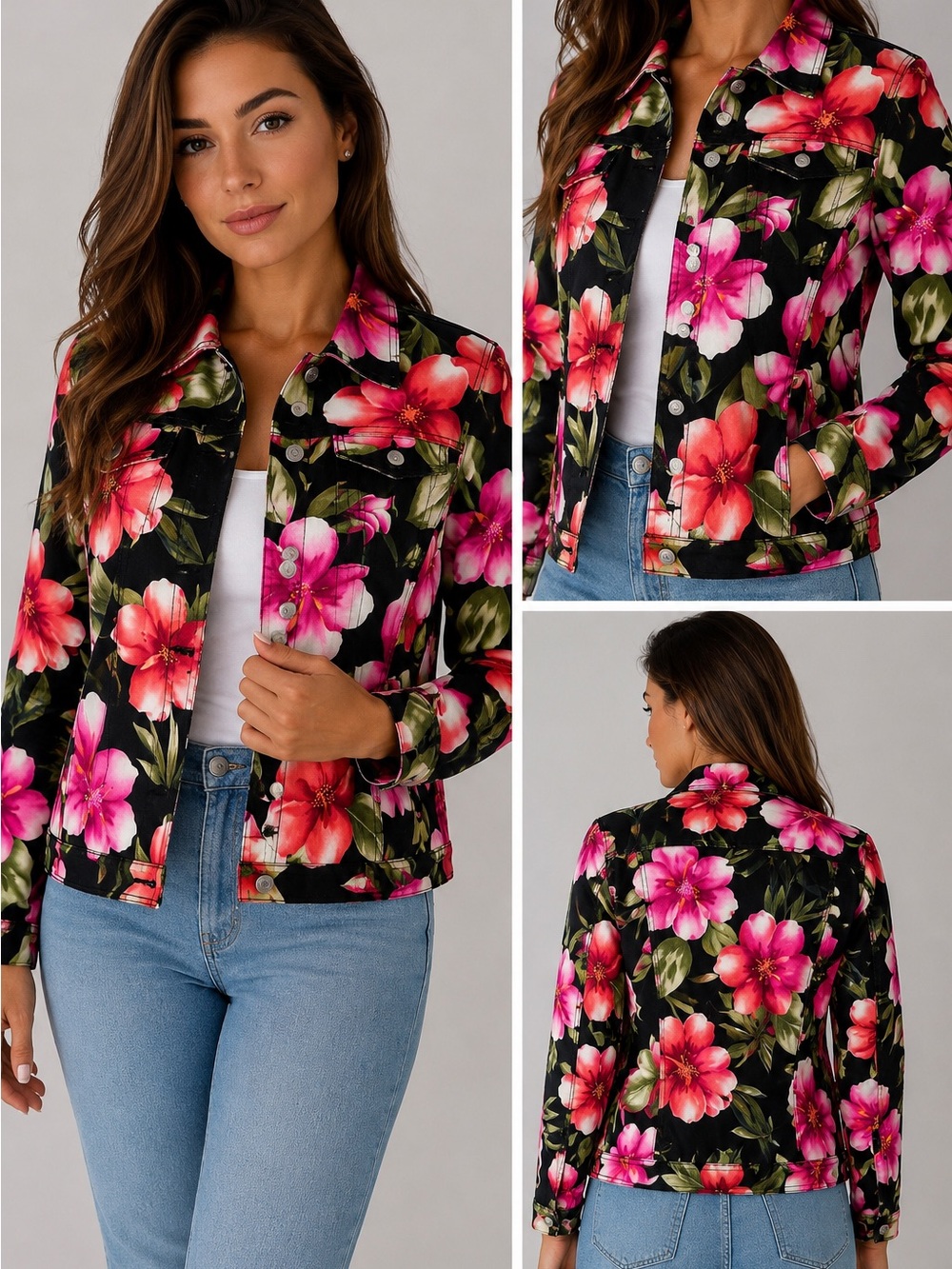 Caribbean Black Floral Jean Jacket with Pink & Red Blooms